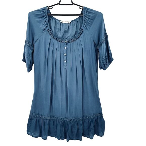 Old Navy Blue Peasant Mini Dress Lace Crochet Womens size Medium Scoop Neck - Picture 1 of 7
